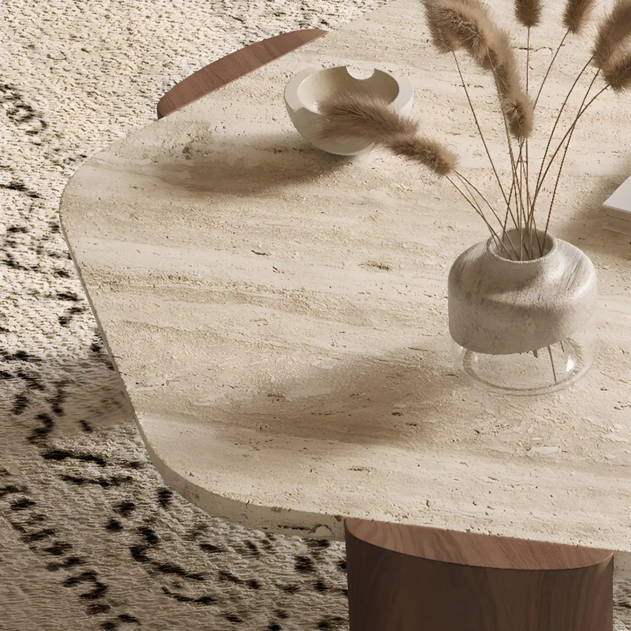 Modern Beige Travertine Top Coffee Table in Hexagon/Round