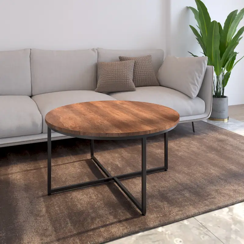 Brown / Natural Round Coffee Table, Metal & Wood, 1-Person