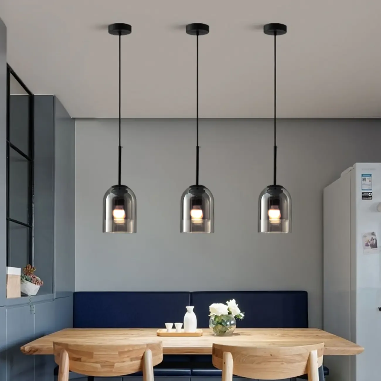 Modern Metal Gray Glass Cylinder Pendant Light