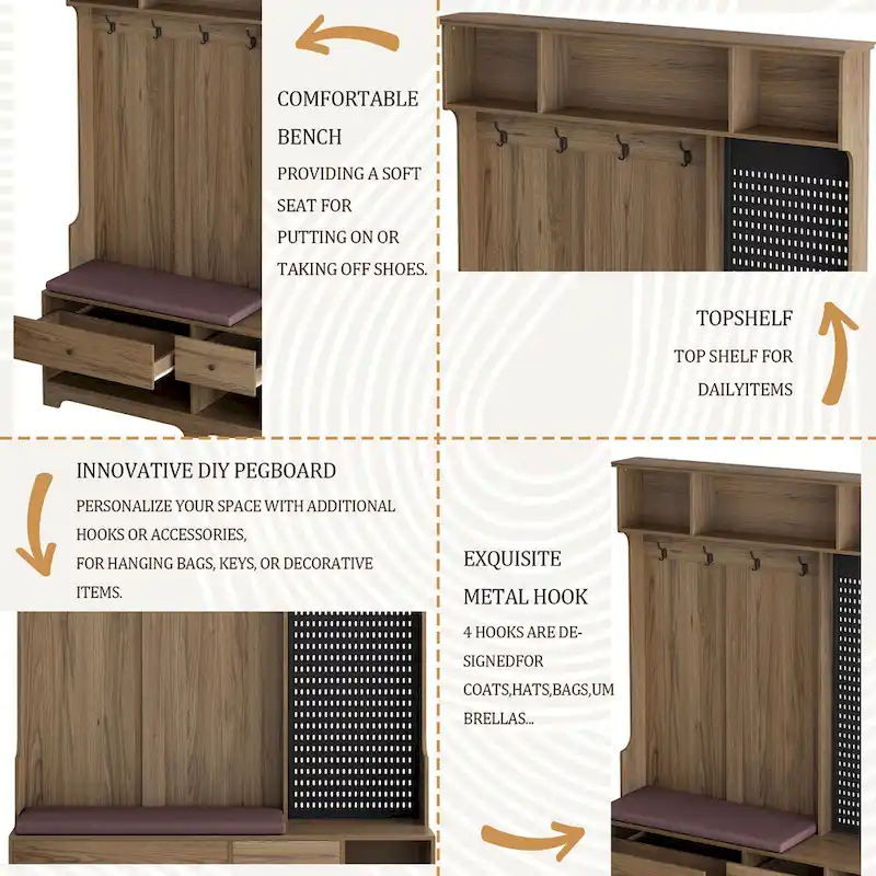 Hall Tree with Shoe Bench, Coat Rack, Shelves and Pegboard