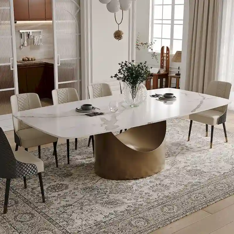 Modern Dining Table with Rectangular Sintered Stone Tabletop, Carbon Steel Leg, Minimalist Kitchen Dining Room Table