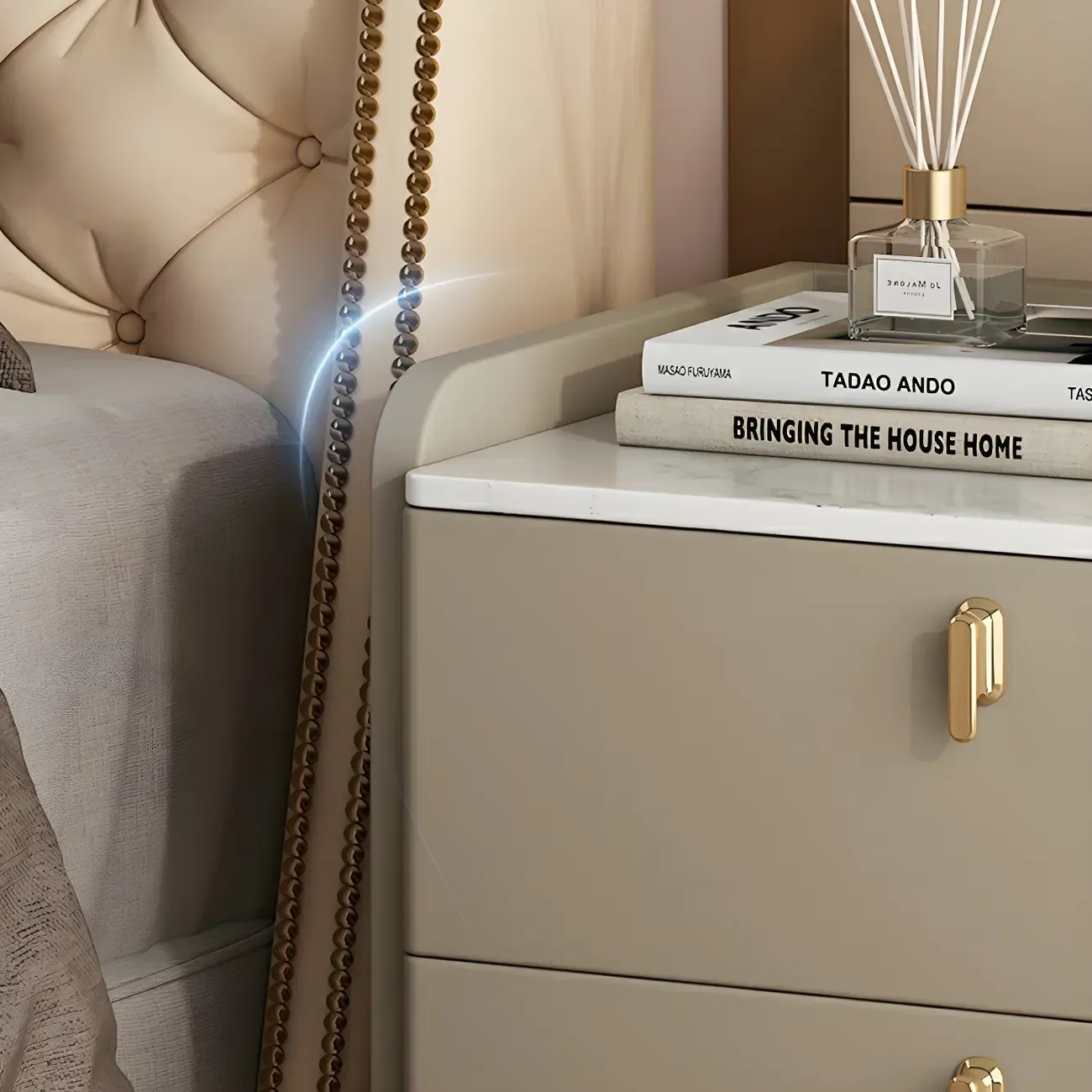 Modern Leather Stone Top Gold Accents 2-Drawer Nightstand