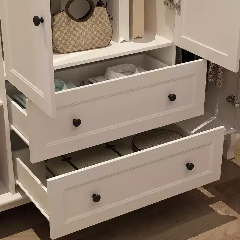 Famapy White Freestanding Wood Armoire With Drawers and Hanging Rods