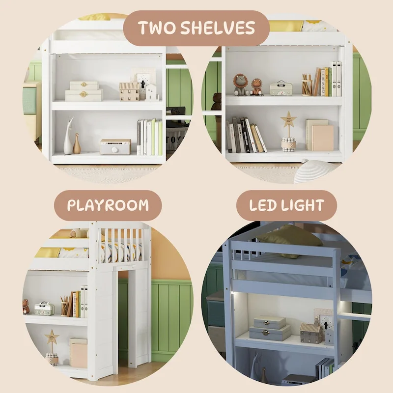 Twin Wood Low Loft Bed with Shelves & LED Light