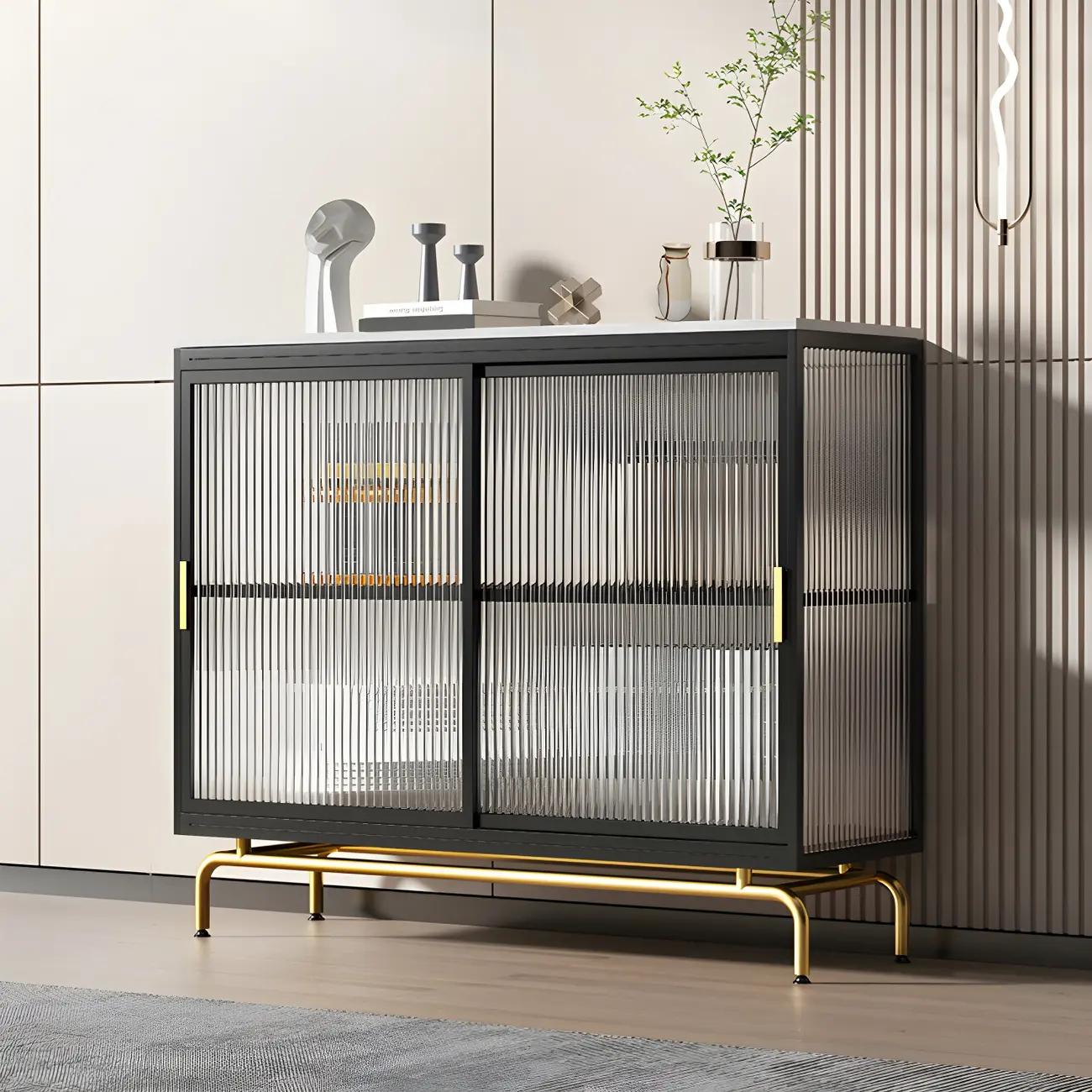 Metal Gold Legs China Cabinet with Glass Sliding Doors