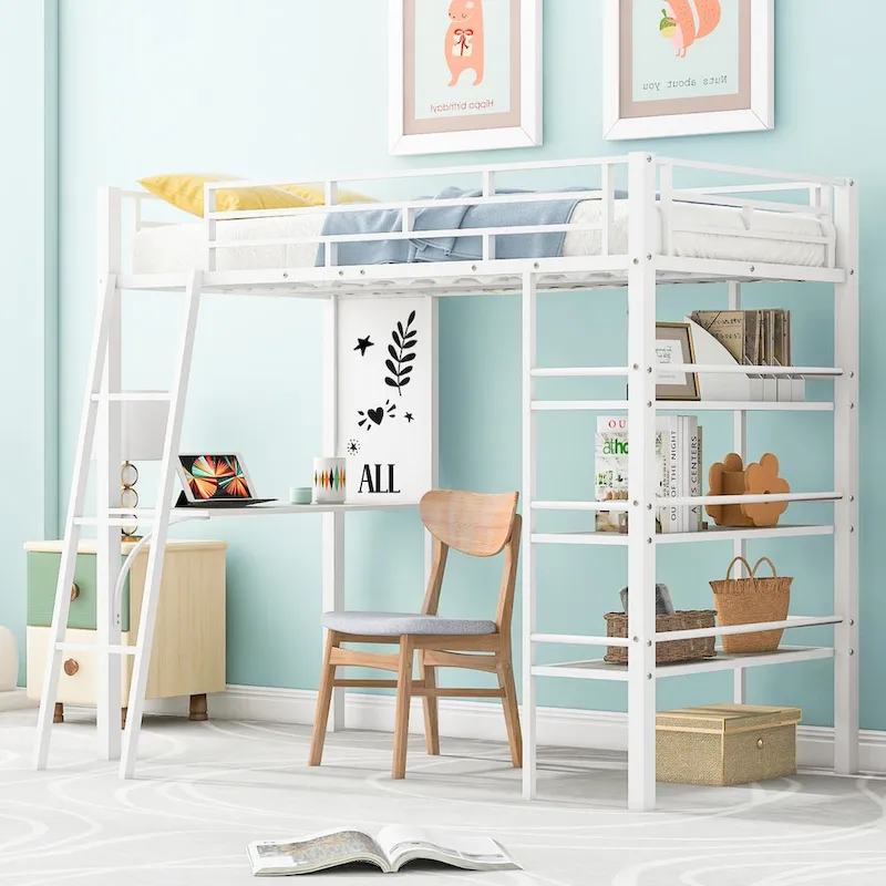 Twin Metal Loft Bed with Built-in Desk
