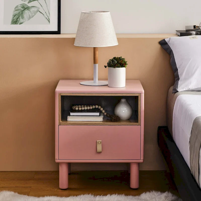 Nightstand - MDF & Solid Wood, 1 Drawer, Open Shelf, Leather Handles, 18.9W x 21.65H, Modern