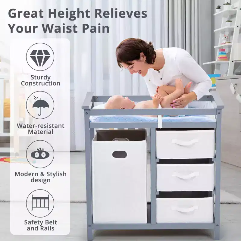 GustoWave Wooden Baby Changing Table,Modern Diaper Changing Table,Infant Diaper Station Dresser with Laundry Hamper, 3 Drawer Basket