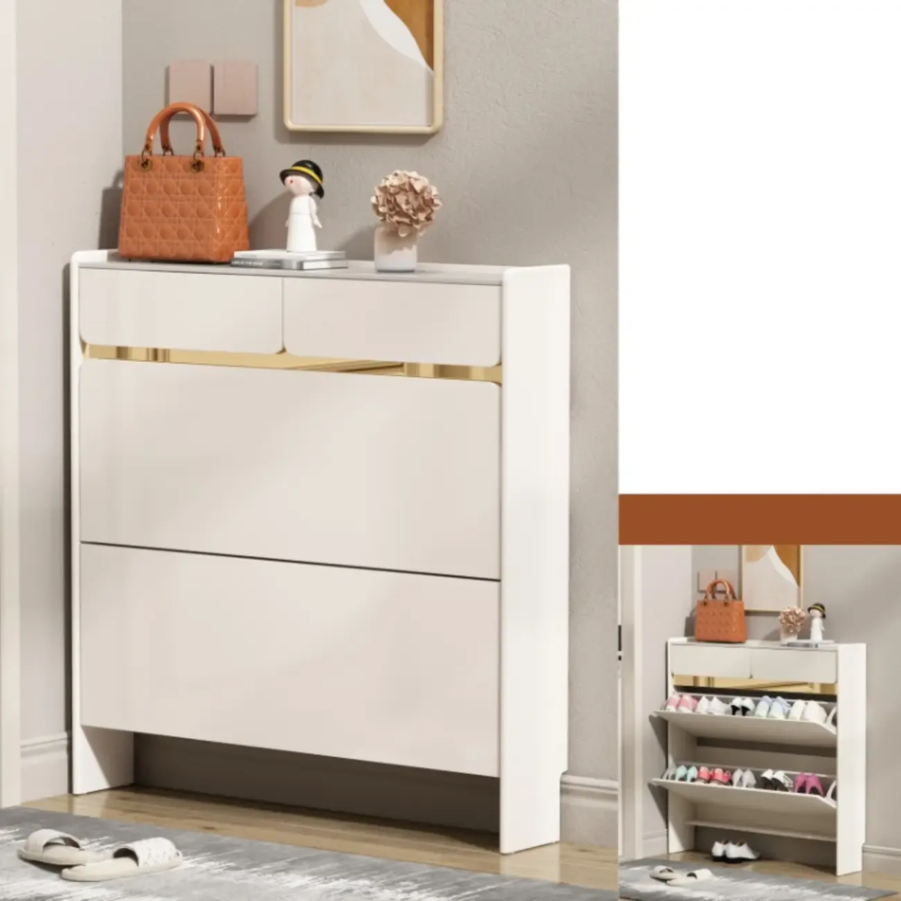 Entryway Glam White Wood Shoe Cabinet with Drawers