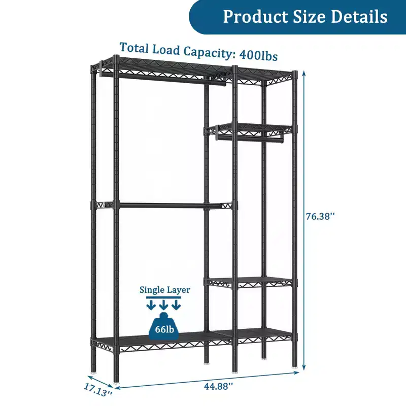 GDFStudio Batavia 76 Heavy Duty Metal Garment Rack with 6 Shelves and 3 Hanging Rods