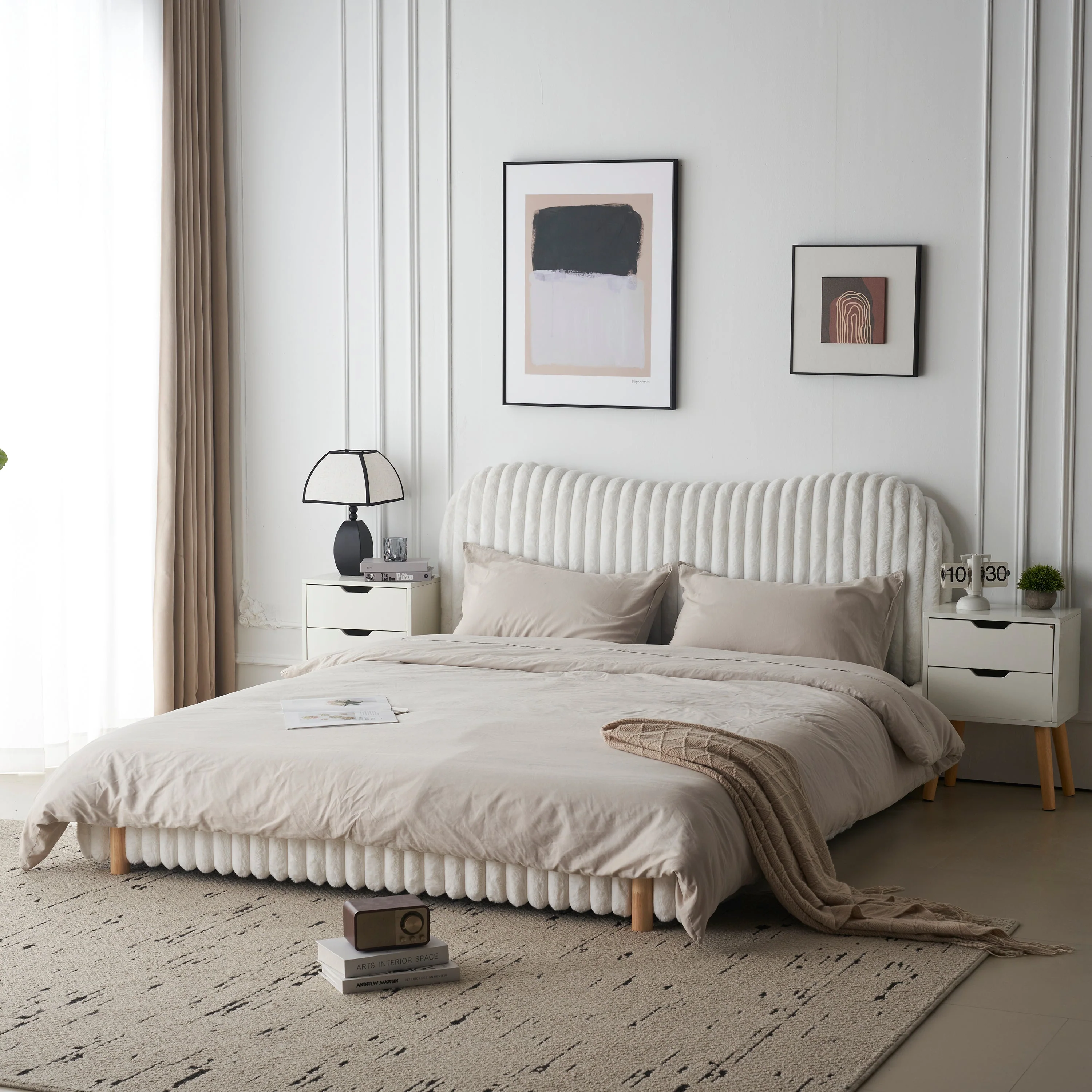 Walker Edison | Wavy White Boucle Upholstered Queen Bedframe