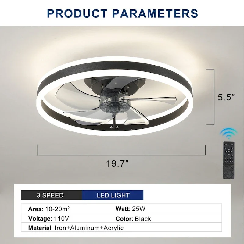21.7in Iron Round Ceiling Fan with Lights Dimmable LED