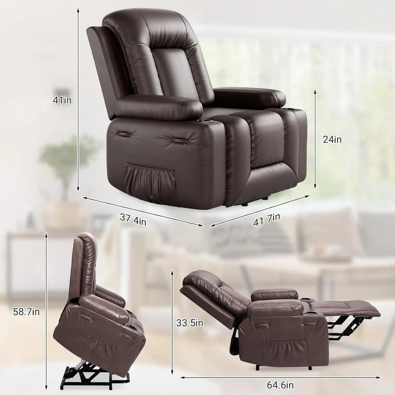 Power lift recliner chair with massage, cup holders, and side pocket.