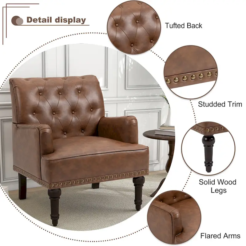 Button-Tufted PU Leather Accent Chair, Black/Brown/Beige, Nailhead Trim, Seats 1