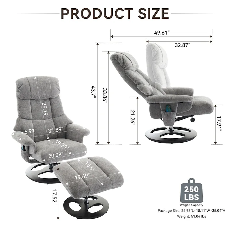 Heated Massage Armchair Chenille Fabric Seating Swivel Recliner Chair with Ottoman, Adjustable Backrest and Remote