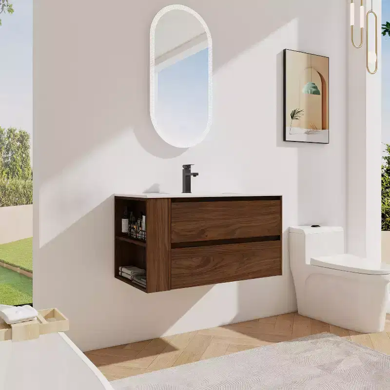 Floating Wall-Mounted Bathroom Vanity with Sink, 2 Drawers & Open Shelf, Single Use