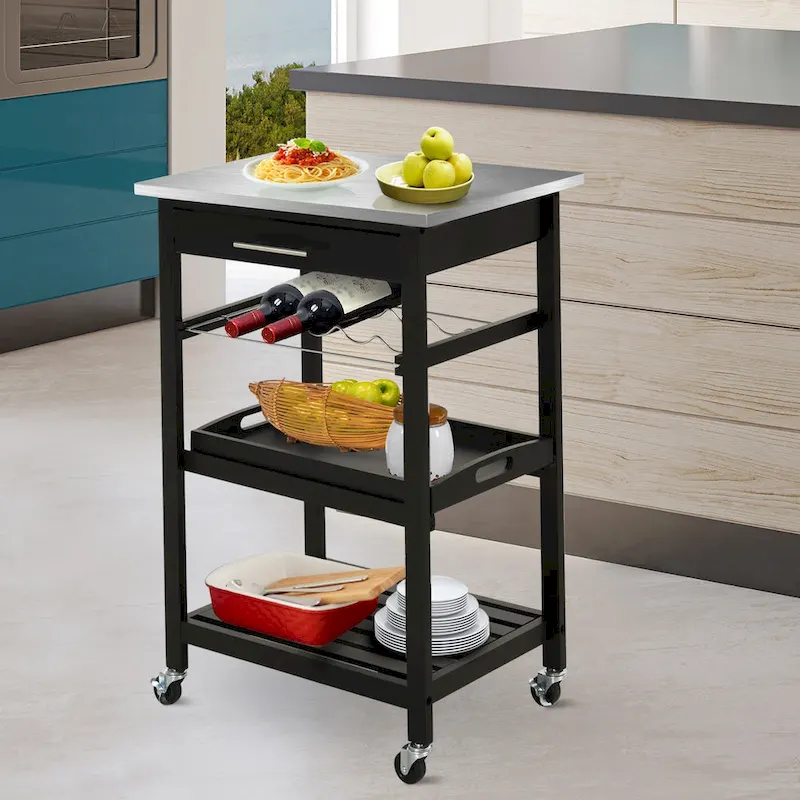 Kitchen island Cart Rolling Trolley Utility Serving Cart with Stainless Steel Tabletop, Wine Rack & Drawer