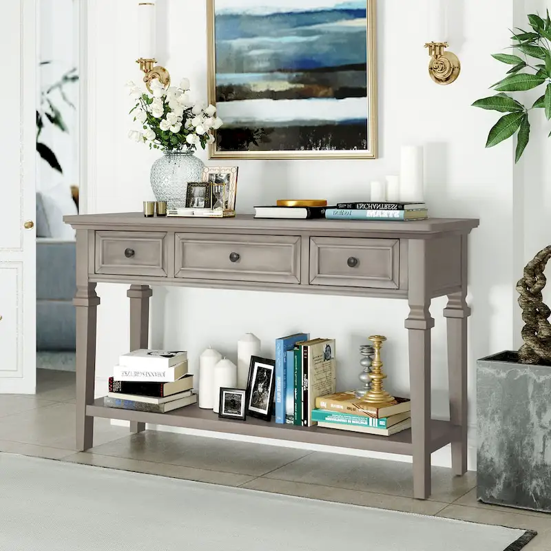 Classic Console Table with 3 Top Drawers and Open Style Bottom Shelf