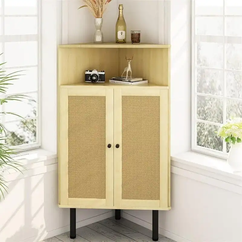 4 Tier Corner Cabinet with Doors Shelves Rattan Freestanding Bar Storage Cabinet - 22.25D x 15.75W x 39.56H