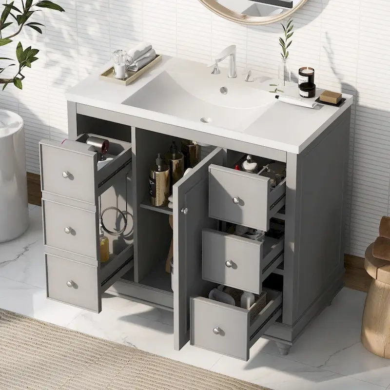 36 Inch Bathroom Vanity Cabinet with Resin Sink and Adjustable Shelves
