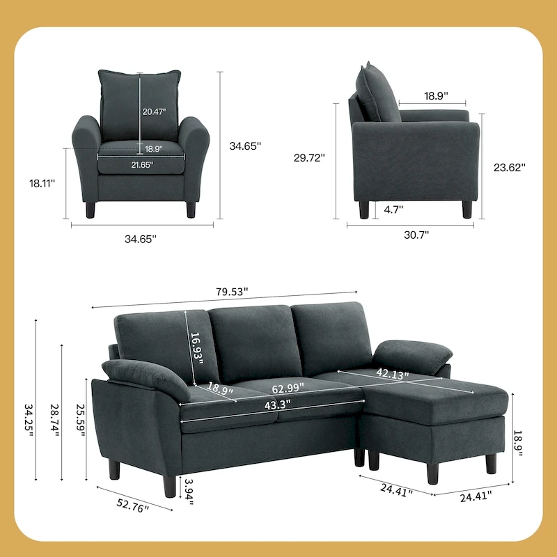 3-Piece Living Room Sectional Sofa Set with Chair and Ottoman