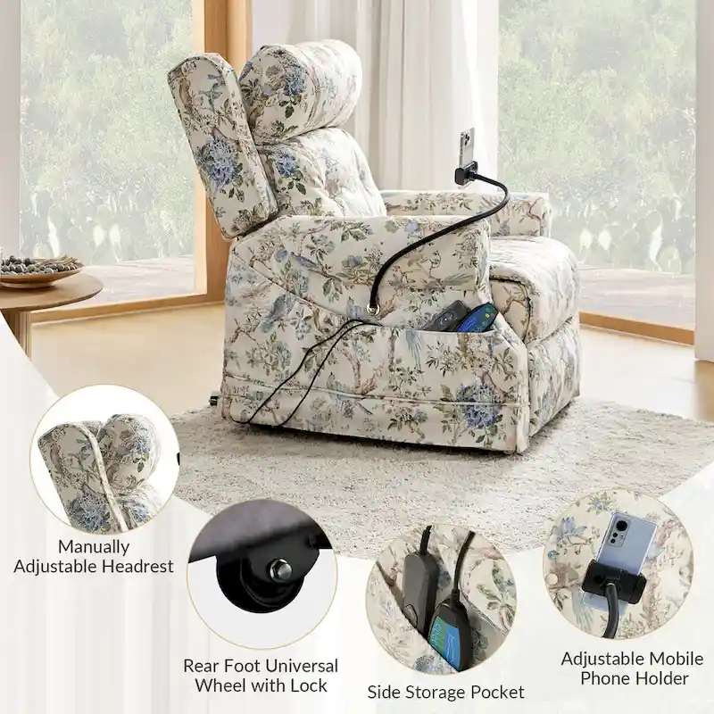 Traditional-Style Electric Lift Recliner (with Massage, Heating, and Manually Adjustable Headrest)