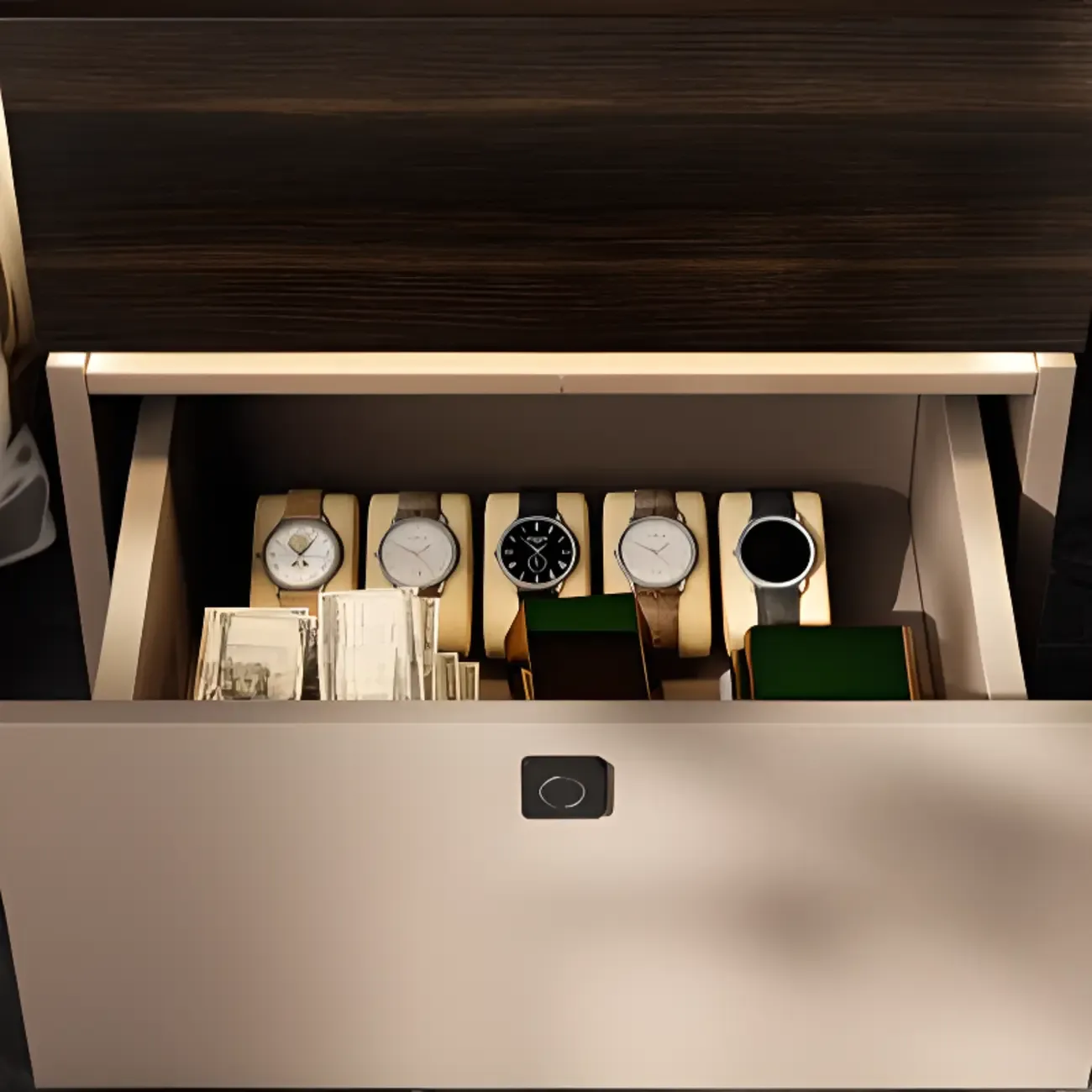 Narrow Black Glass Top 2-Drawer Wood Nightstand with Light