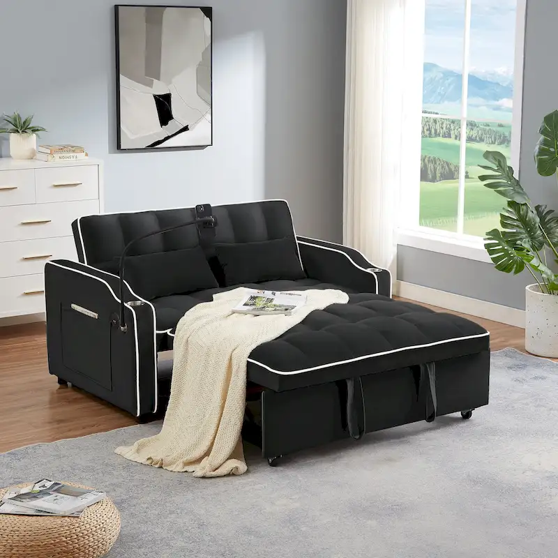 Versatile foldable Velvet sofa bed with Adjustable Back USB Port Phone Stand