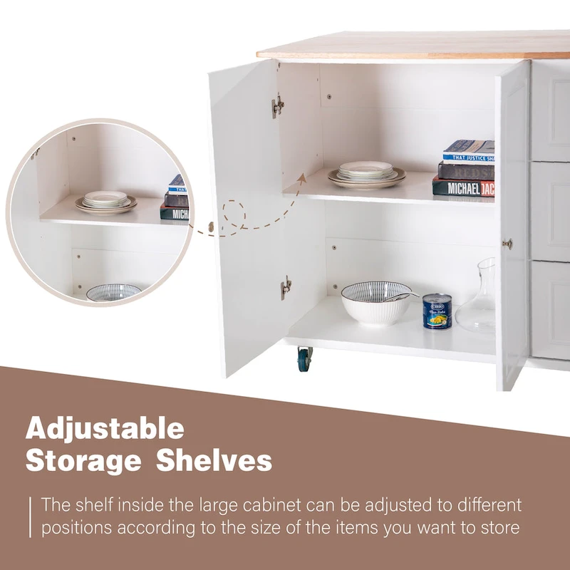 Kitchen Island Cart with Drop-Leaf and Rubber Wood Top, Rolling Kitchen Trolley Cart Cabinet