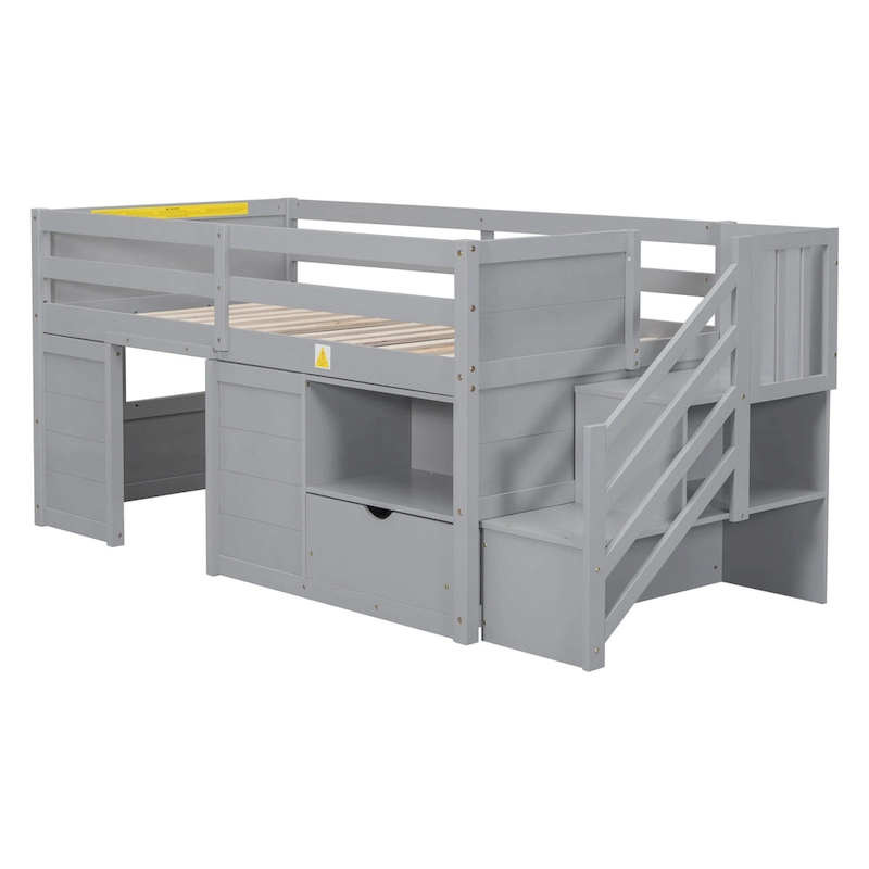 Twin Solid Wood Low Loft Bed with Stair & Drawer
