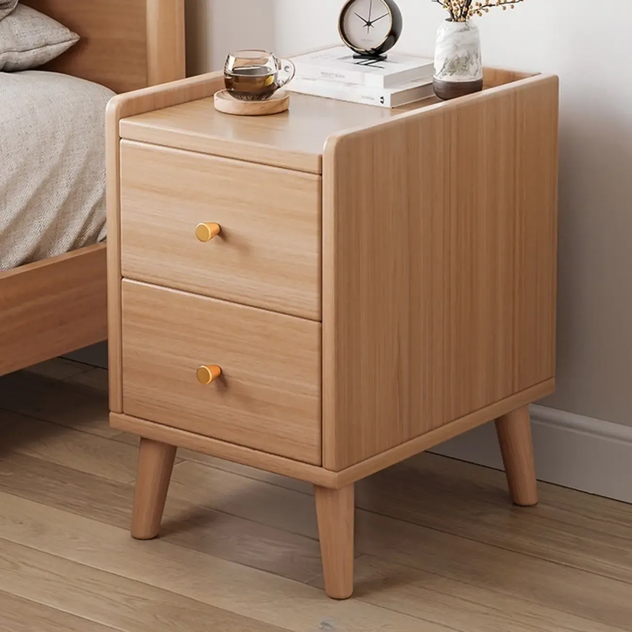 Natural Wood Scandinavian 2-Drawers Narrow Nightstand