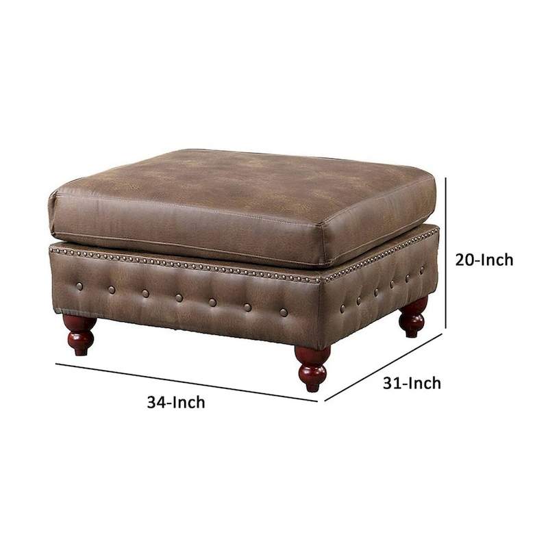 Simi 34 Inch Square Ottoman, Handcrafted Legs, Brown Vegan Faux Leather