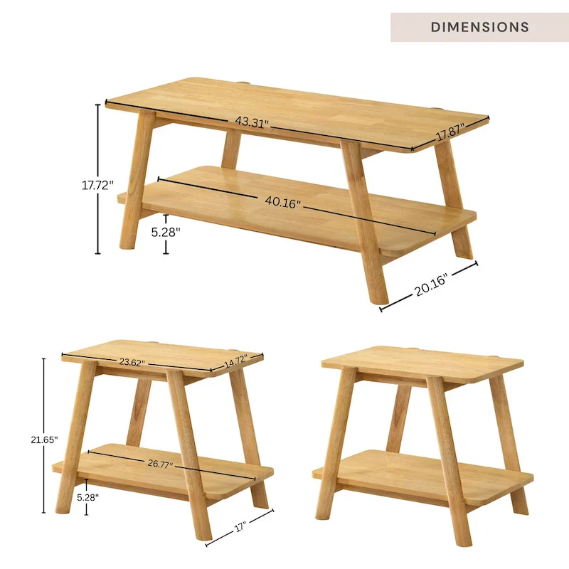 Roundhill Furniture Metz Mid-Century Wood Shelf 3-Piece Coffee Table Set