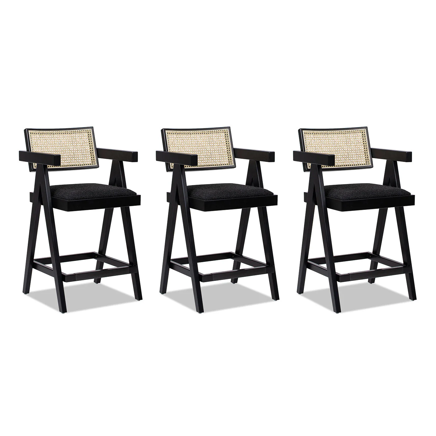 Milan 25.5' Modern Resin Webbing Back Boucle Bar Stool with Arms, Set of 3