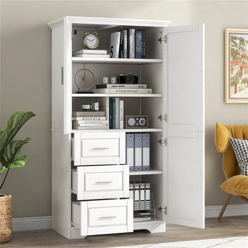 Tall and Wide Storage Cabinet with Doors for Bathroom, Three Drawers