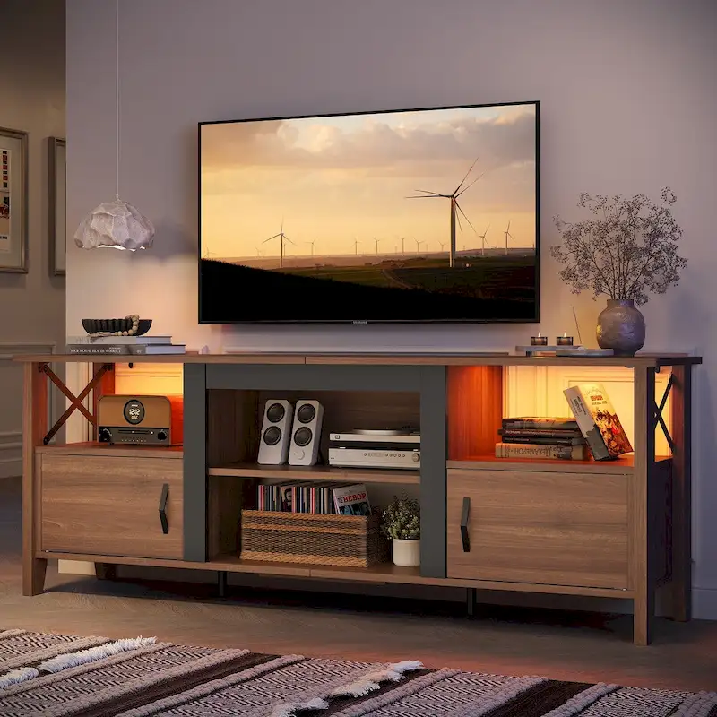 Farmhouse TV Stand for 70 Inch TV with LED Light,63 Tv Console Cabinet with Media Storage