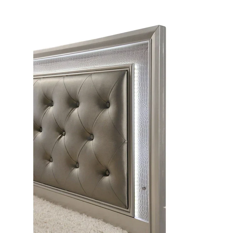 LED Light Faux Leather Upholstered Wooden Bed Chest Nightstand 3pc Set