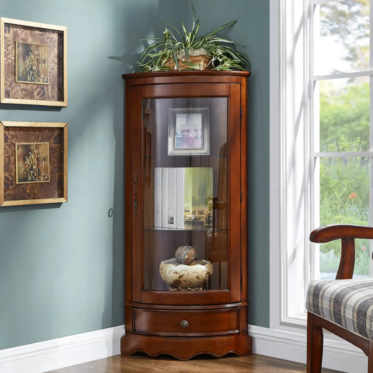 Classic Wood Walnut Glass Doors Corner Display Cabinet