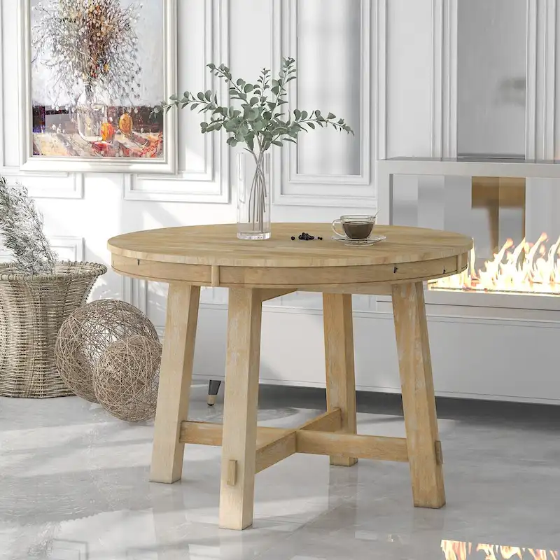 Farmhouse Round Extendable Dining Table with 16 Leaf Wood Kitchen Table