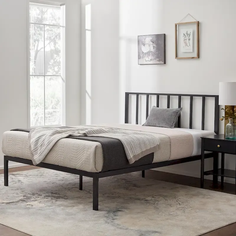 Metal Platform Bed with Vertical Bar Headboard