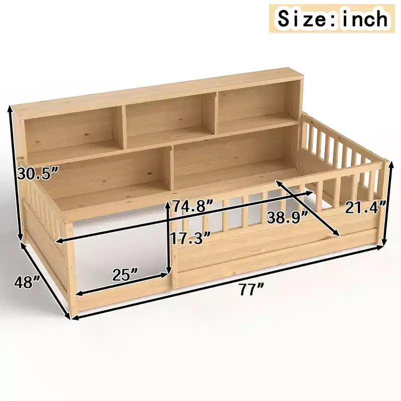 Wood Montessori Floor Bed with 21.4'' Fence-Style Guardrails & 5 Storage Shelves, Kids Bed Frame for Bedroom