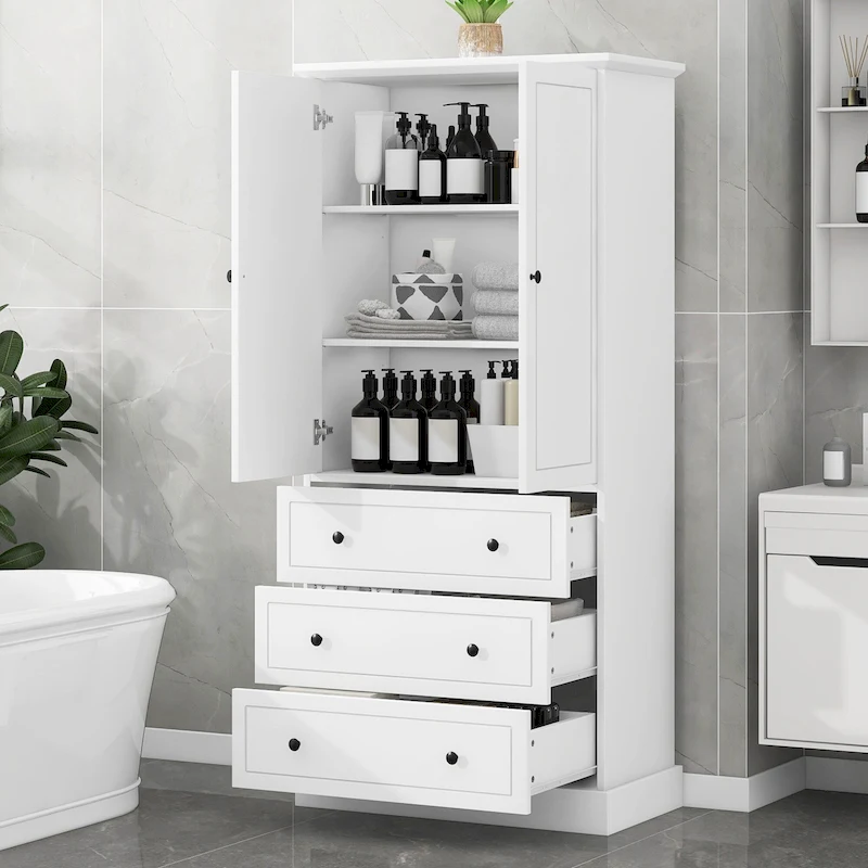 Freestanding Bathroom Storage Cabinet with Doors & 3 Large Drawers, Adjustable Shelves, Tall Linen Tower for Towels & Toiletries