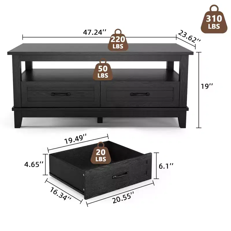 Brown 47-Inch Farmhouse Coffee Table with 2 Drawers and Open Shelf