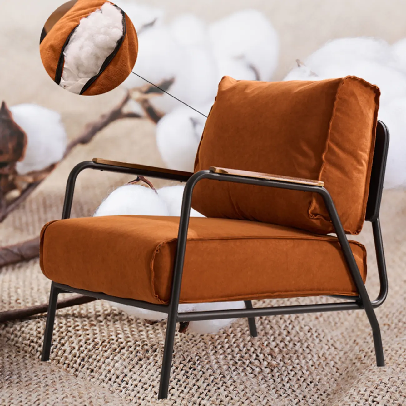 Modern Leather Accent Chair with Pillow and Metal Arms