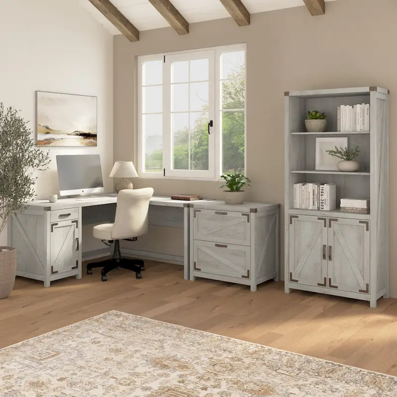 60W L-Desk with File Cabinet and Bookcase