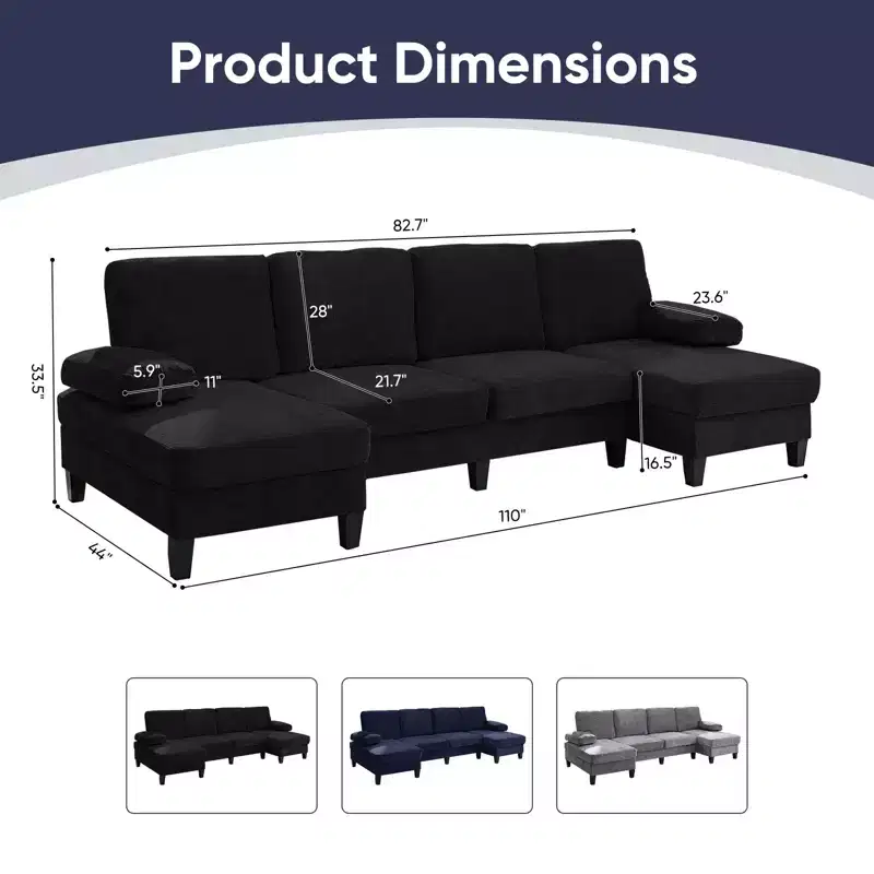 Mjkone 110U-Shaped Sectional Couches,Chenille Upholstered Large 4-Seater Sofa with Double Chaises and Sleepable Armrests