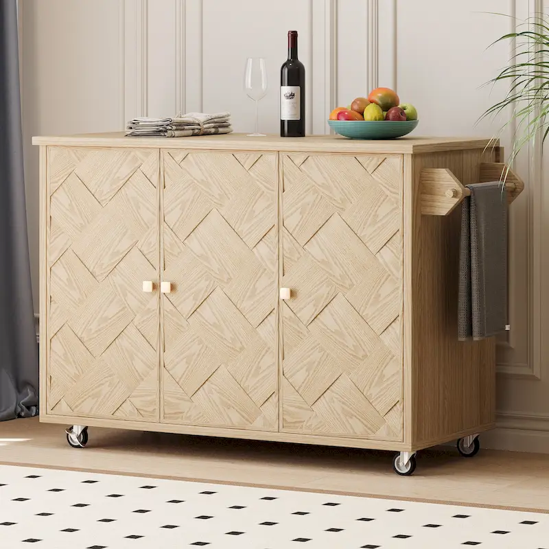 Solid Wood Handwoven Kitchen Island, Kitchen Island Cart on Wheels, Rolling Island Cart with Drop Leaf & Internal Storage Rack
