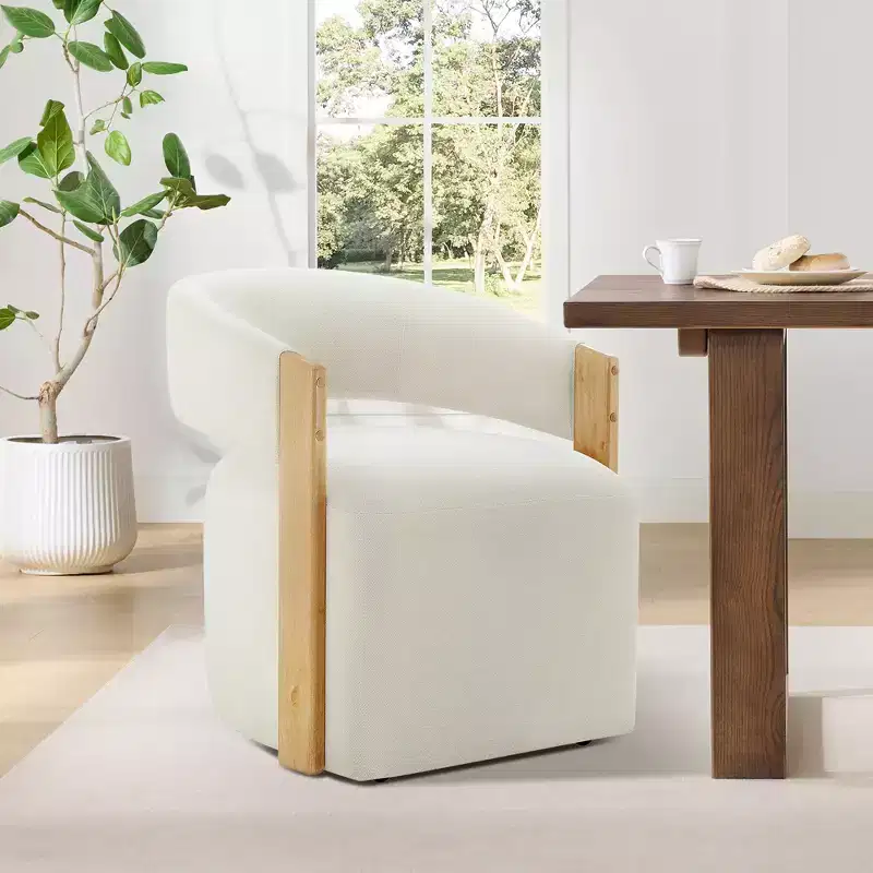 Spruce&Spring Upholstered Dining Chair with Wood Armrests & Hidden Wheels