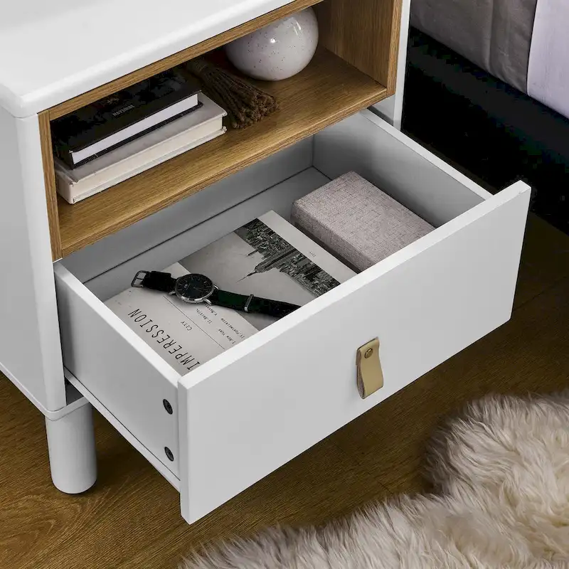 Nightstand - MDF & Solid Wood, 1 Drawer, Open Shelf, Leather Handles, 18.9W x 21.65H, Modern