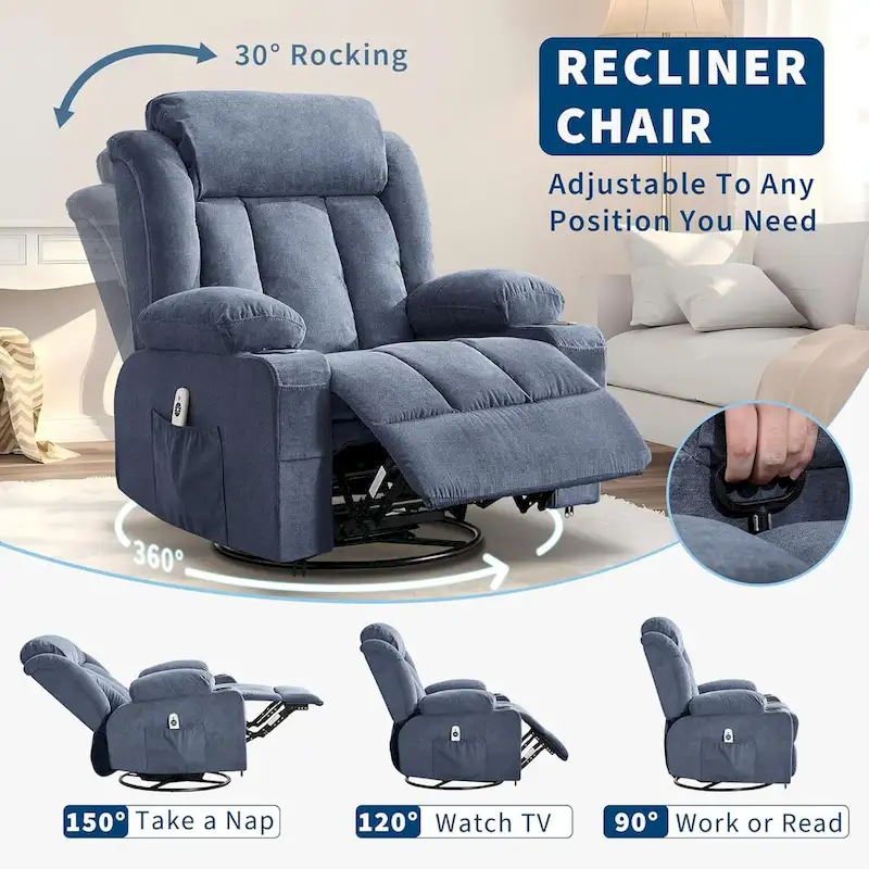 Recliner Chair, Rocking Chairs with Massage and Heat, Side Pockets and Cup Holder